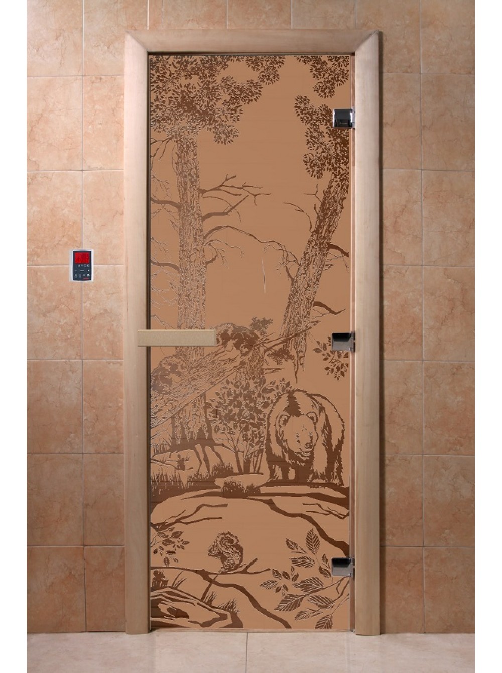 Дверь стеклянная DOORWOOD РИС Мишки МАТОВАЯ 8мм 3 петли 200х70 П (листва)