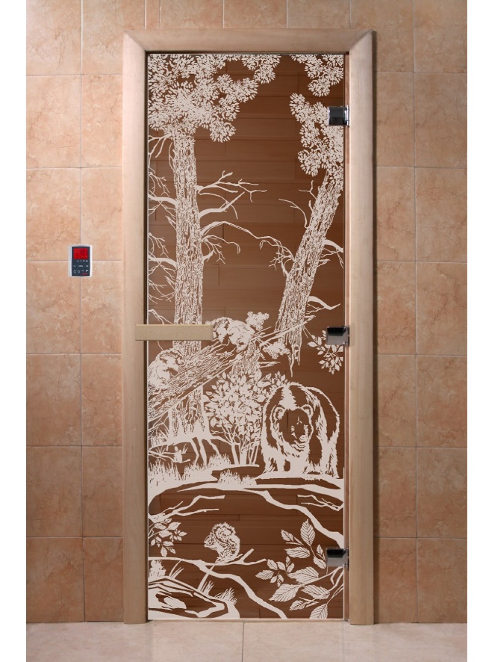 Дверь стеклянная DOORWOOD РИС Мишки БРОНЗА 8мм 3 петли 200х80 П (листва)