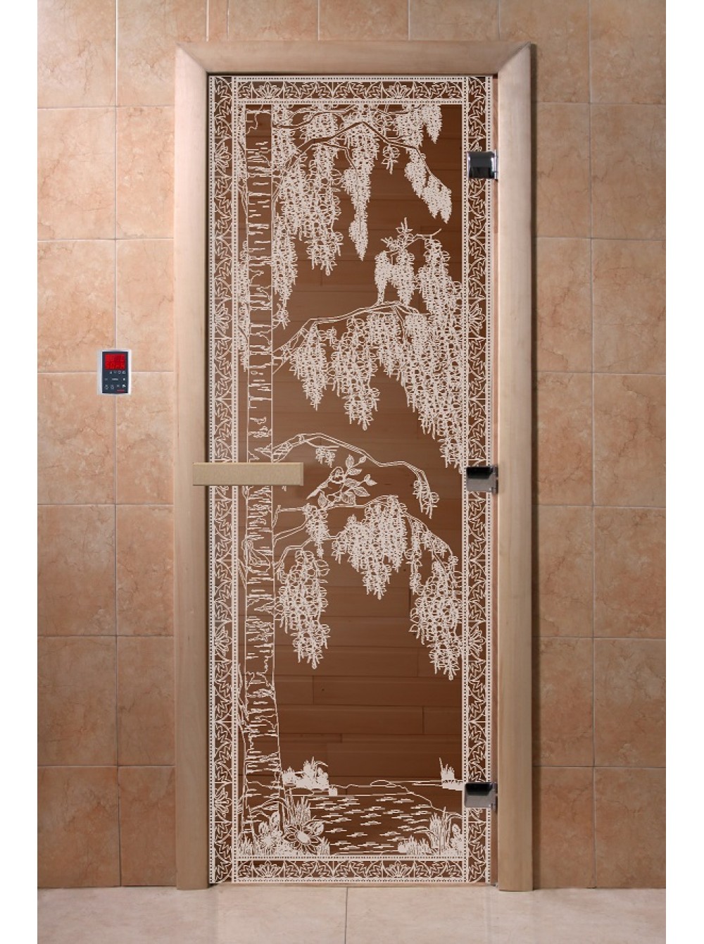 Дверь стеклянная DOORWOOD РИС Березка БРОНЗА 8мм 3 петли 200х80 П (листва)