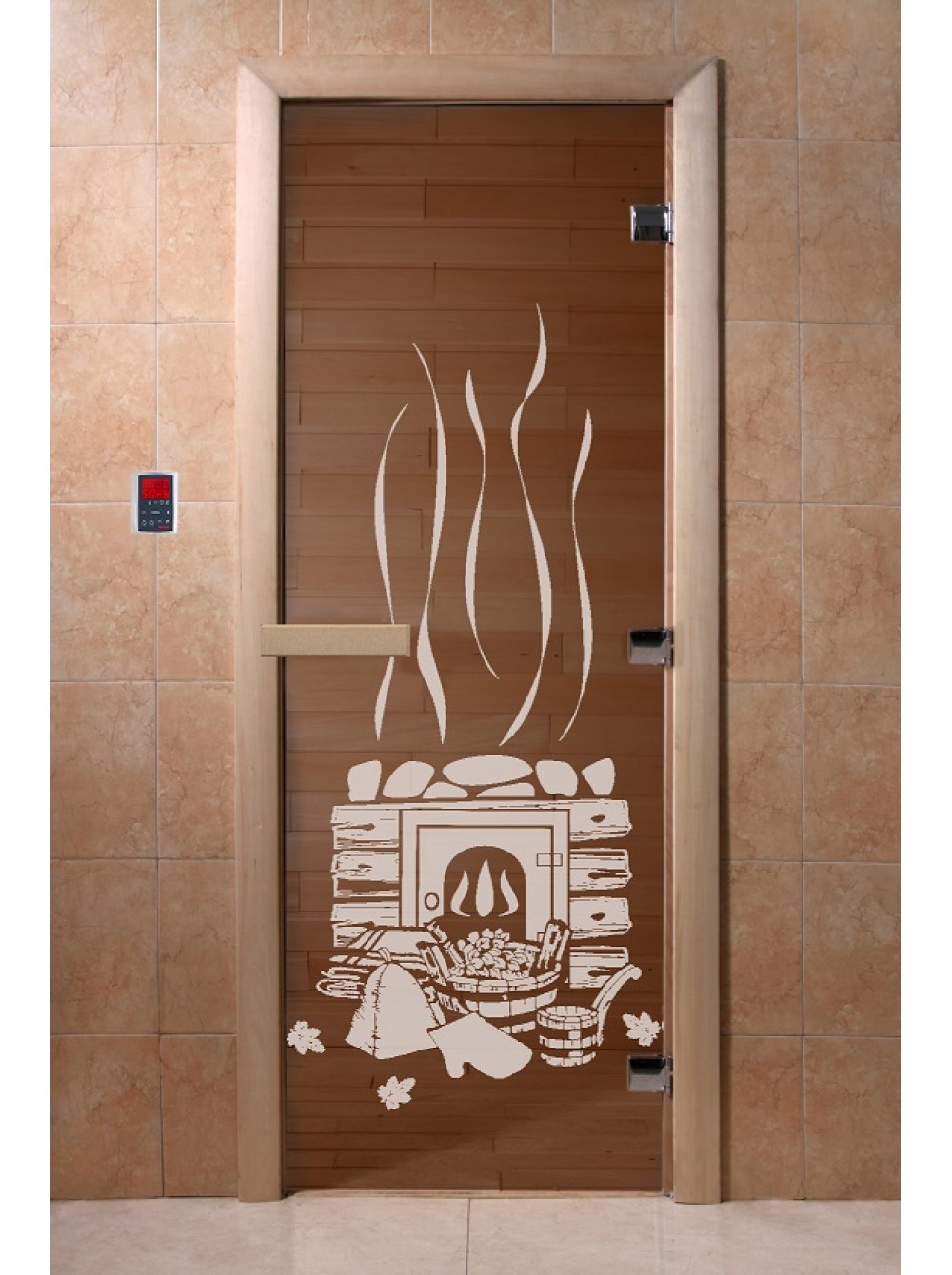 Дверь стеклянная DOORWOOD РИС Банька БРОНЗА 8мм 3 петли 190х70 Л (листва)